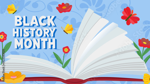 Vibrant flat vector art of open book with colorful flowers for black history month celebration