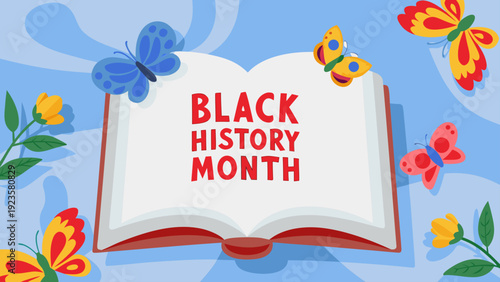 Vibrant black history month illustration with open book colorful butterflies and flowers on light blue background symbolizing celebration and learning