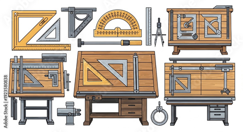 Collection of woodworking tools and wooden workbenches for carpentry and construction.