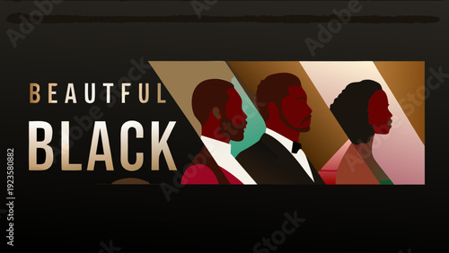 Diverse black silhouettes of three people in profile against a geometric background with beautiful black text