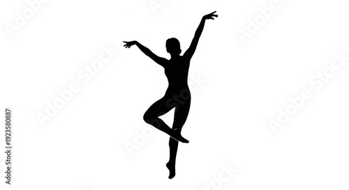 Silhouette of a dancer in a dynamic pose with arms raised and one leg bent expressing freedom and movement on a white background