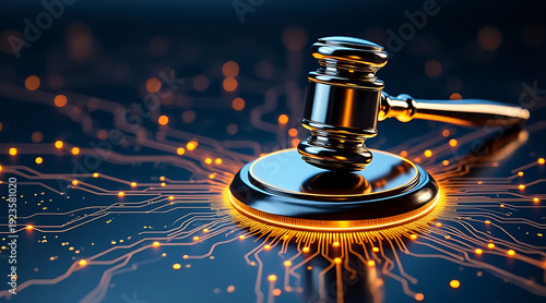 Wallpaper Mural Golden gavel on glowing circuit board, justice concept, legal technology and digital law enforcement with neon highlights Torontodigital.ca