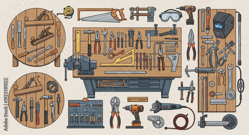 Workshop tools and equipment arranged on a workbench for carpentry and construction projects.
