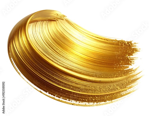Swirl of golden paint, a glossy arc brushstroke on a white backdrop, revealing texture and light reflections