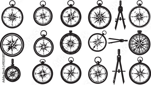 Collection of various compasses and navigation tools illustrations