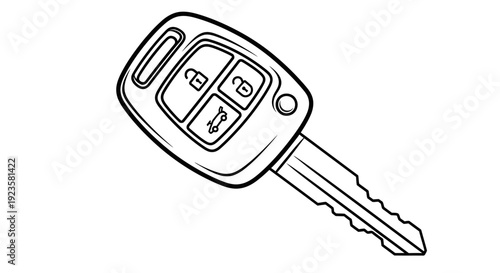 Black and white line art illustration of a modern car key with remote control buttons, representing vehicle access and security.