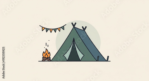 Camping tent with campfire and bunting in outdoor adventure setting at dusk