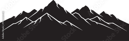 Black Mountain Range Silhouette with White Highlights Isolated
