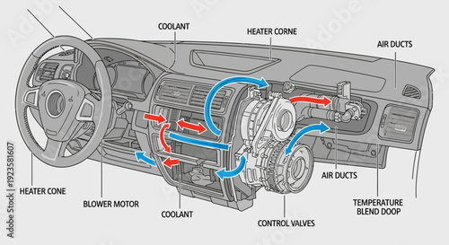 Detailed Car Climate Control System Diagram. Automotive HVAC Unit with Airflow and Coolant Path Illustration