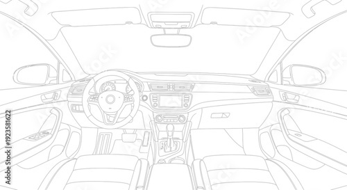 Detailed line art illustration of a modern car interior, dashboard, steering wheel, and front seats from an internal perspective.