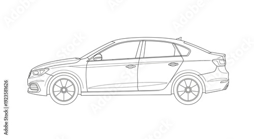 Modern Sedan Car Outline Vector Illustration, Side View Technical Drawing. Automotive Vehicle Line Art Diagram for Design.
