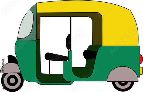 Traditional Green and Yellow Auto CNG Rickshaw Tuk Tuk Transport Illustration