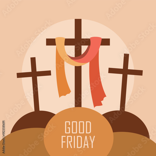 Good friday three crosses draped fabric on rounded hills christianity holiday background
