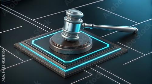 Metal gavel on illuminated platform, futuristic courtroom concept with neon accents, legal authority symbol conveying judgment and technology