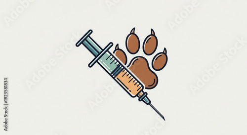 Veterinary care concept with a syringe and animal paw print on a white background for pet health and medicine