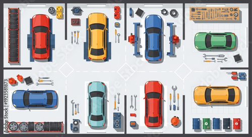 Automotive service station with various cars and repair equipment, top view.