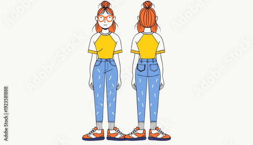 Very beautiful women slim fit short sleeve color block raglan t shirt mockup in flat vector style, presented in front and back full length views for detailed apparel design projects.
