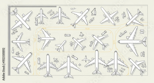 Collection of various airplane illustrations in different positions and angles.