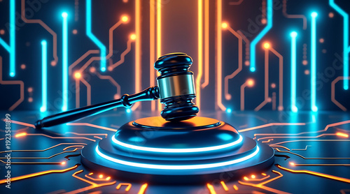 Court gavel on illuminated circuit board platform conveying digital justice and cybersecurity emotion