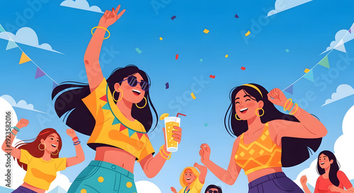 Colorful Summer Festival with Friends Dancing in Joy
