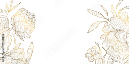 Elegant floral pattern with gold line peony and leaves on white background. Luxury vector illustration Chinese and Japanese ornament, vintage and modern linear style