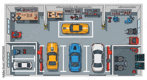 Detailed illustration of a car repair shop with various vehicles and equipment.