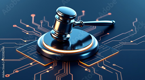 Wallpaper Mural Gavel glowing circuit board symbolizes digital law and cyber justice, modern legal technology concept with reflective metal hammer and neon traces Torontodigital.ca