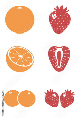 Orange and strawberry fruit bundle featuring whole and sliced pieces for juice branding.