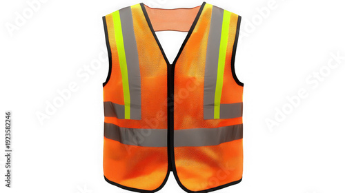 High visibility orange construction safety vest with reflective silver and yellow stripes for enhanced visibility and worker protection on transparent background