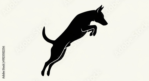 Black dog silhouette jumping right with white outline on cream background dynamic pet graphic