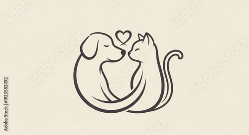Heartwarming illustration of a dog and cat cuddling with a heart symbol