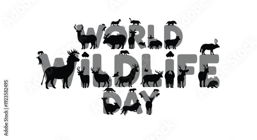Black and white illustration of various animals forming the words World Wildlife Day on a plain white background with a bold, graphic style and a strong environmental mood