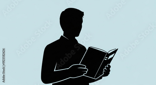 Man reading book in silhouette against light blue background with white outline
