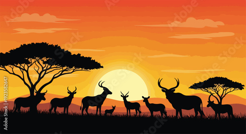 Silhouette of a herd of antelopes standing under trees at sunset on savannah during World Wildlife Day