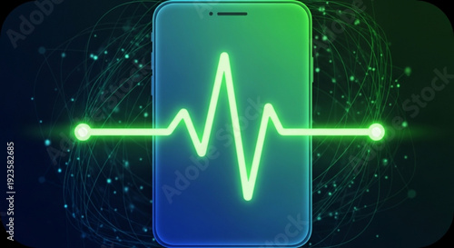 Neon green heartbeat line on smartphone screen with dark background and futuristic glow