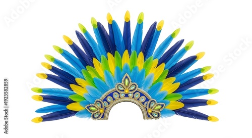 A colorful feathered headdress with blue and yellow feathers
