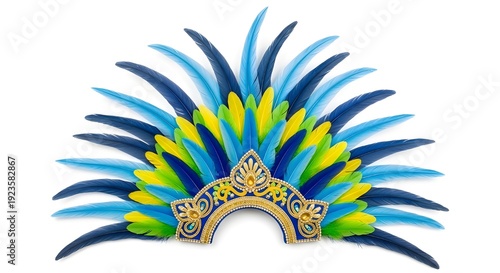 A colorful feathered headpiece with a gold crown