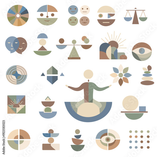 Retro-style pattern of  mind uncluttering and emotion management featuring diverse geometric elements in earth tones. Comprises olive green and tan rectangles, blue and black wavy lines, and various s