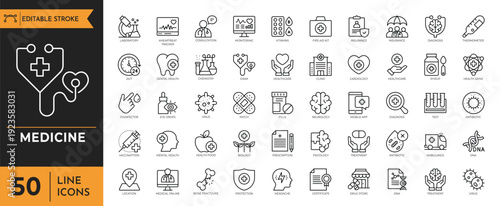 Medicine outline icon set. Containing medicine, doctor, hospital, treatment, healthcare, pills, clinic and more. Editable stroke. Vector Illustration