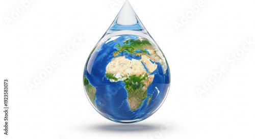 Earth globe inside a water droplet symbolizing conservation and environmental protection with a white background