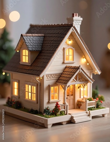 Warm, inviting miniature house with cozy lights, evoking nostalgia and a sense of festive cheer against a blurred background