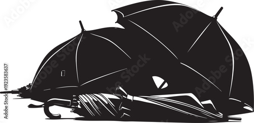Black and white illustration of umbrellas on the ground