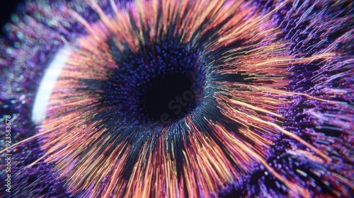 Close-up of a surreal eye with vibrant, radiating lines. Focus on the dark pupil with rainbow textures