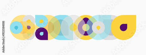 Abstract colorful shapes overlap forming letterlike forms. Yellow dominates, with purple, teal accents. Minimalist design, clean lines present.