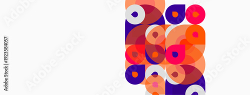 Abstract circles overlap, creating vibrant patterns. Orange, purple hues dominate composition. Minimalist design, modern aesthetic.
