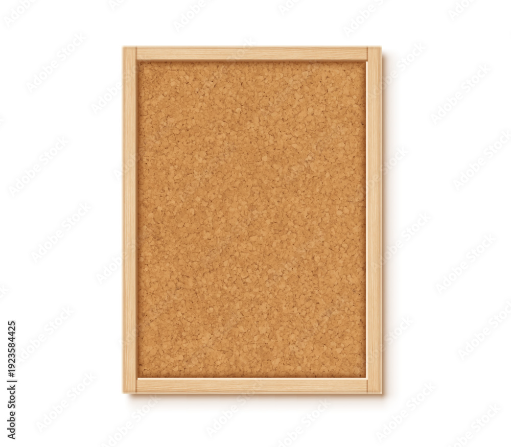 Fototapeta premium Cork board with wood frame isolated on white background. Note pinboard. Vector realistic illustration