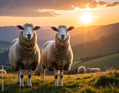 Two sheep stand peacefully in a grassy field against a golden sunset, rolling hills behind them