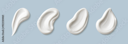 Cosmetic smears of creamy texture isolated on blue background. Set of cosmetic cream swatches. Cosmetic skin care product. Vector realistic illustration