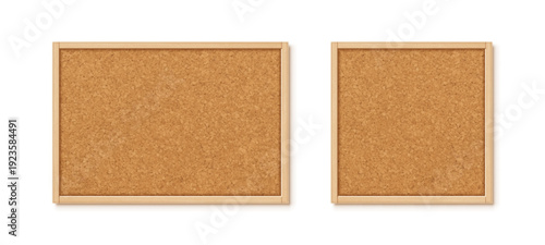 Cork boards with wood frame isolated on white background. Note pinboard. Vector realistic illustration