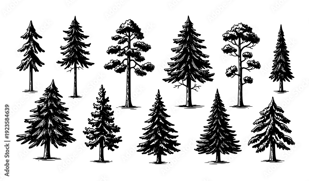 Fototapeta premium Hand Drawn Pine Tree Vector Set Rustic Forest Design Elements